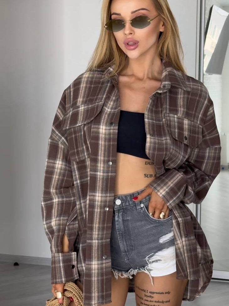 Oversized Flannel Shirt for Women — Plaid Button Front Shacket with Chest Pockets