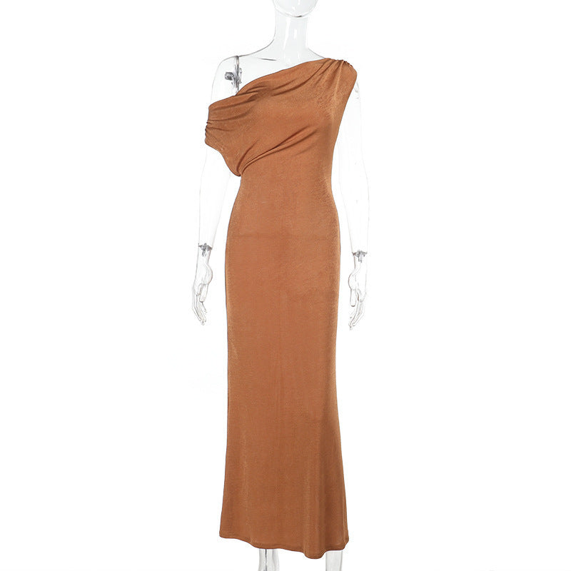 One Shoulder Maxi Dress for Wedding Guests — Draped Asymmetric Column in Jersey