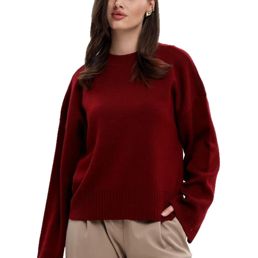 Burgundy oversized mock neck drop-shoulder sweater with ribbed sleeve cuffs