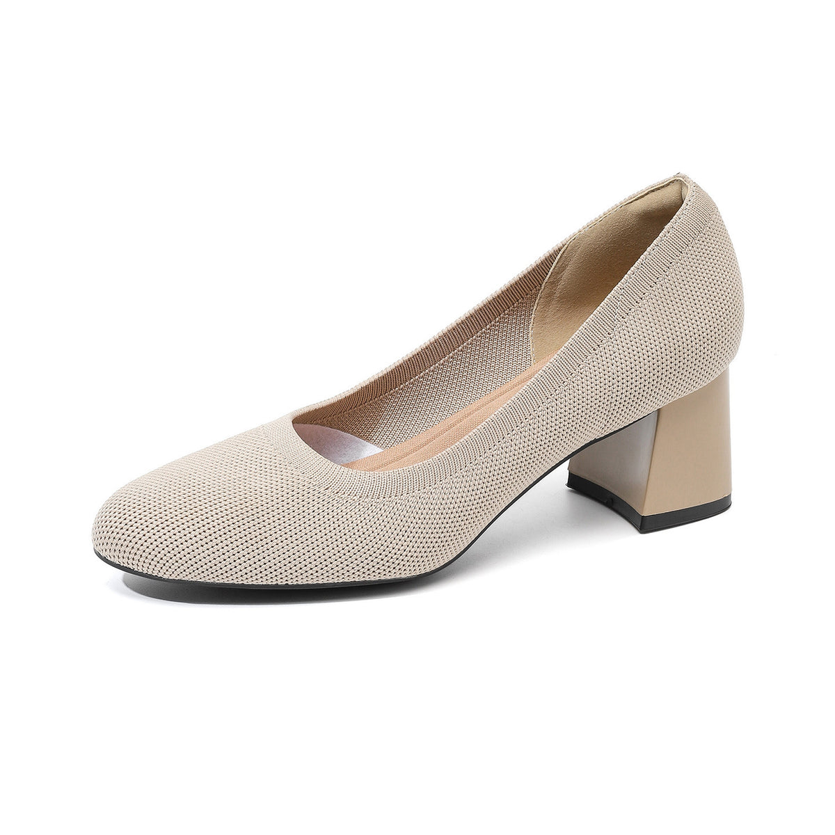 Beige knit pointed-toe pumps with chunky block heel