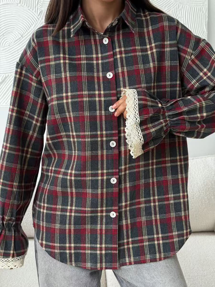 Plaid Flannel Shirt for Women — Oversized Button Down with Lace Trim Cuffs