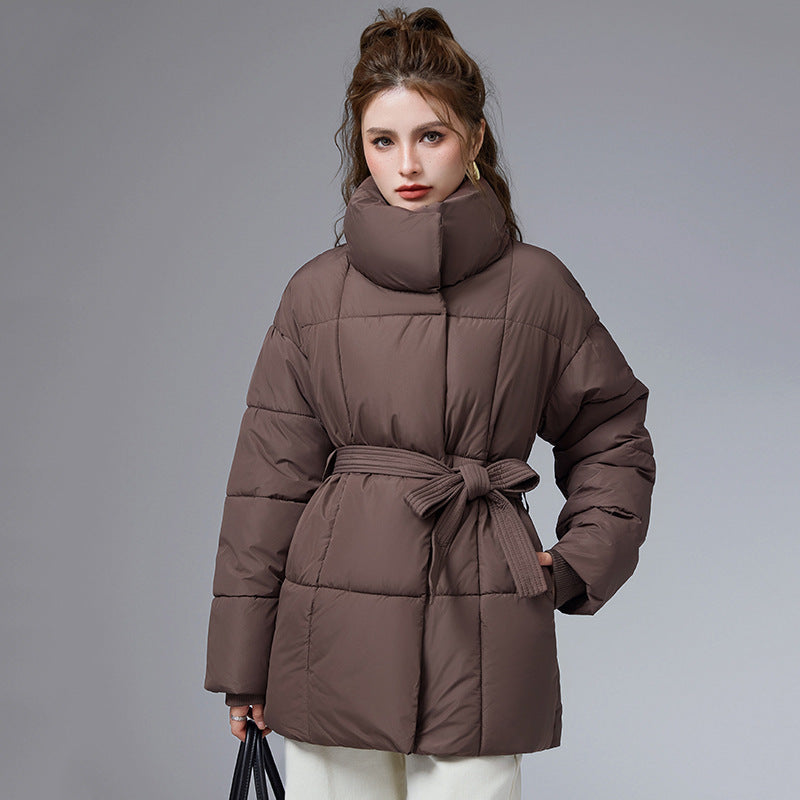 Women's dark brown cotton puffer coat with stand collar and tie belt