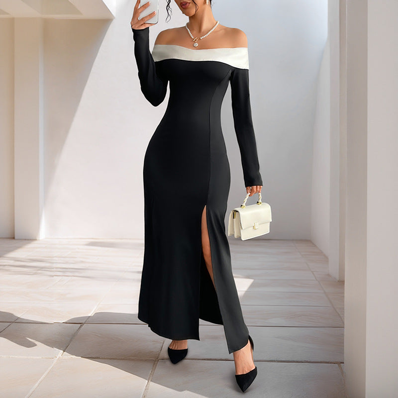 Off Shoulder Maxi Dress with Long Sleeves — Contrast Collar Side Slit Style in Crepe