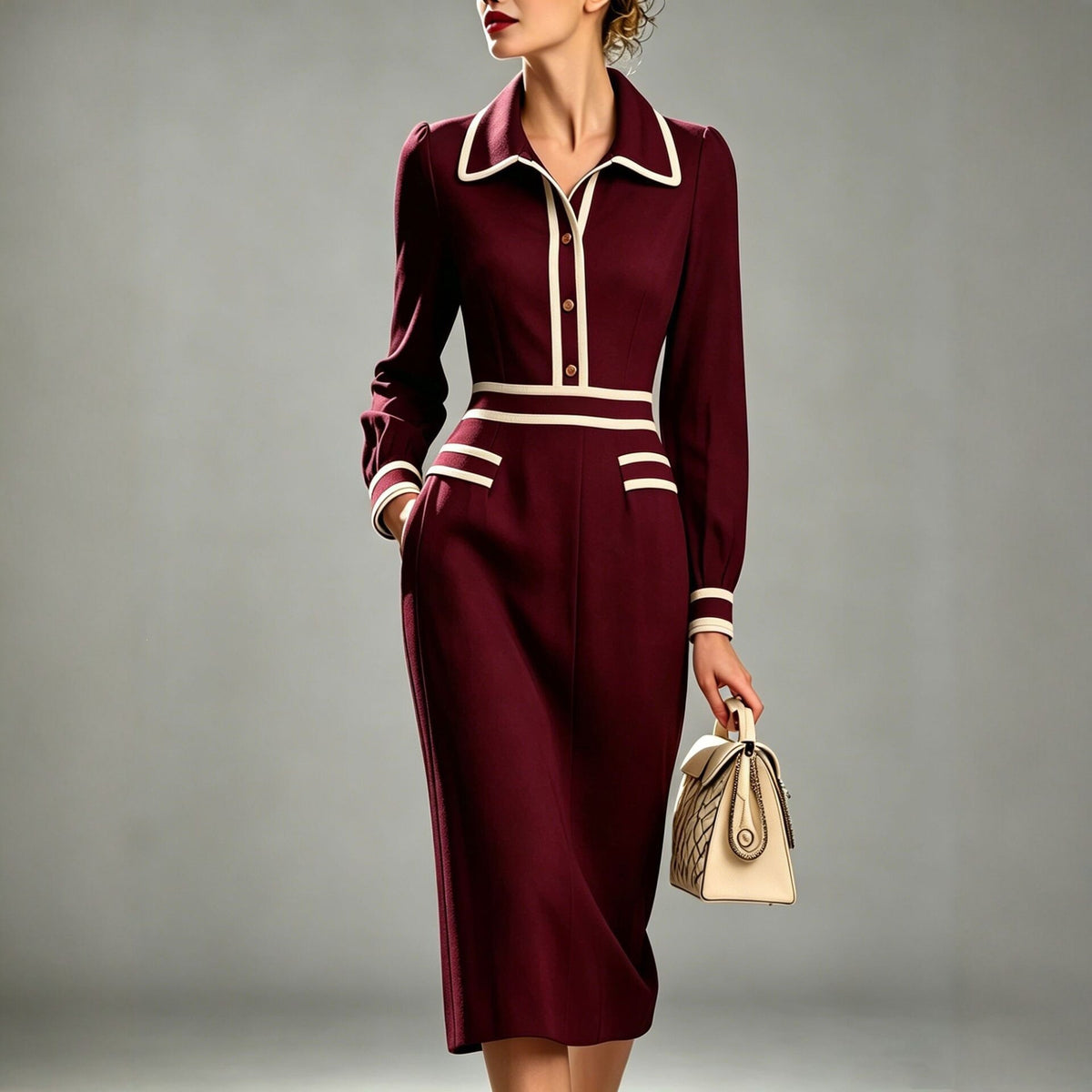 Wine red knit midi dress with contrasting collar and button placket, striped waist