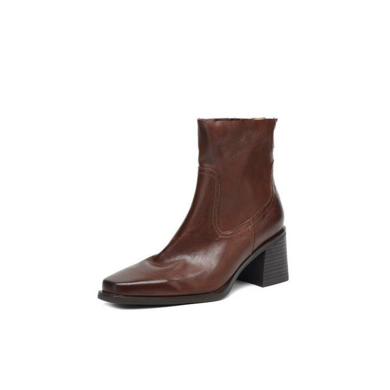 Leather Ankle Boots for Women — Square Toe with Stacked Block Heel and Back Zip