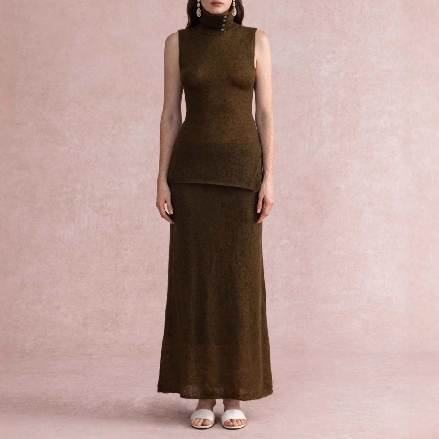 Sleeveless high-neck knitted top and long bodycon skirt set, dark brown