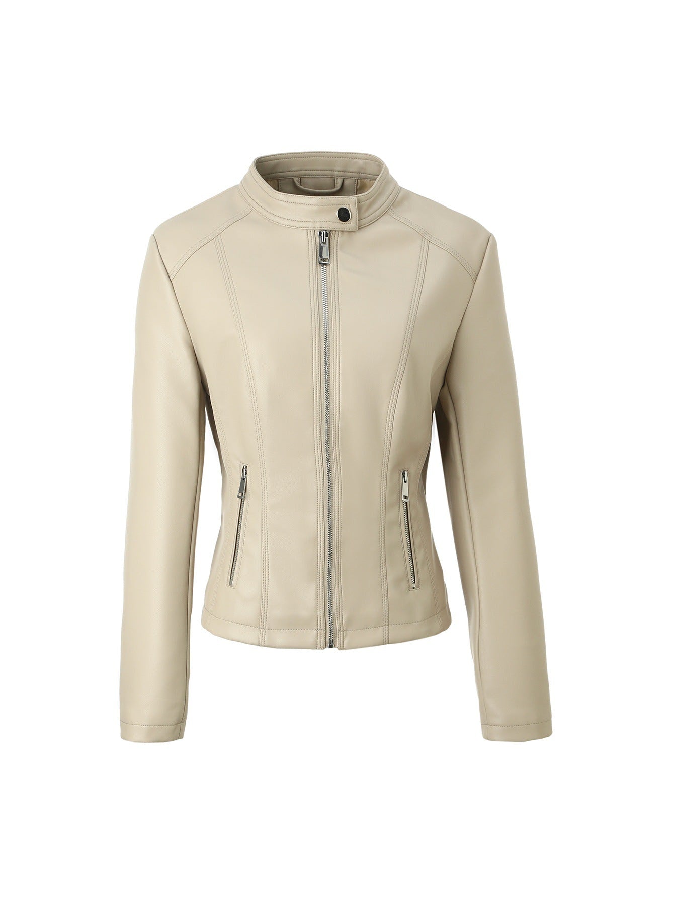 Cream faux leather moto jacket with stand collar, center front zipper, and side zip pockets