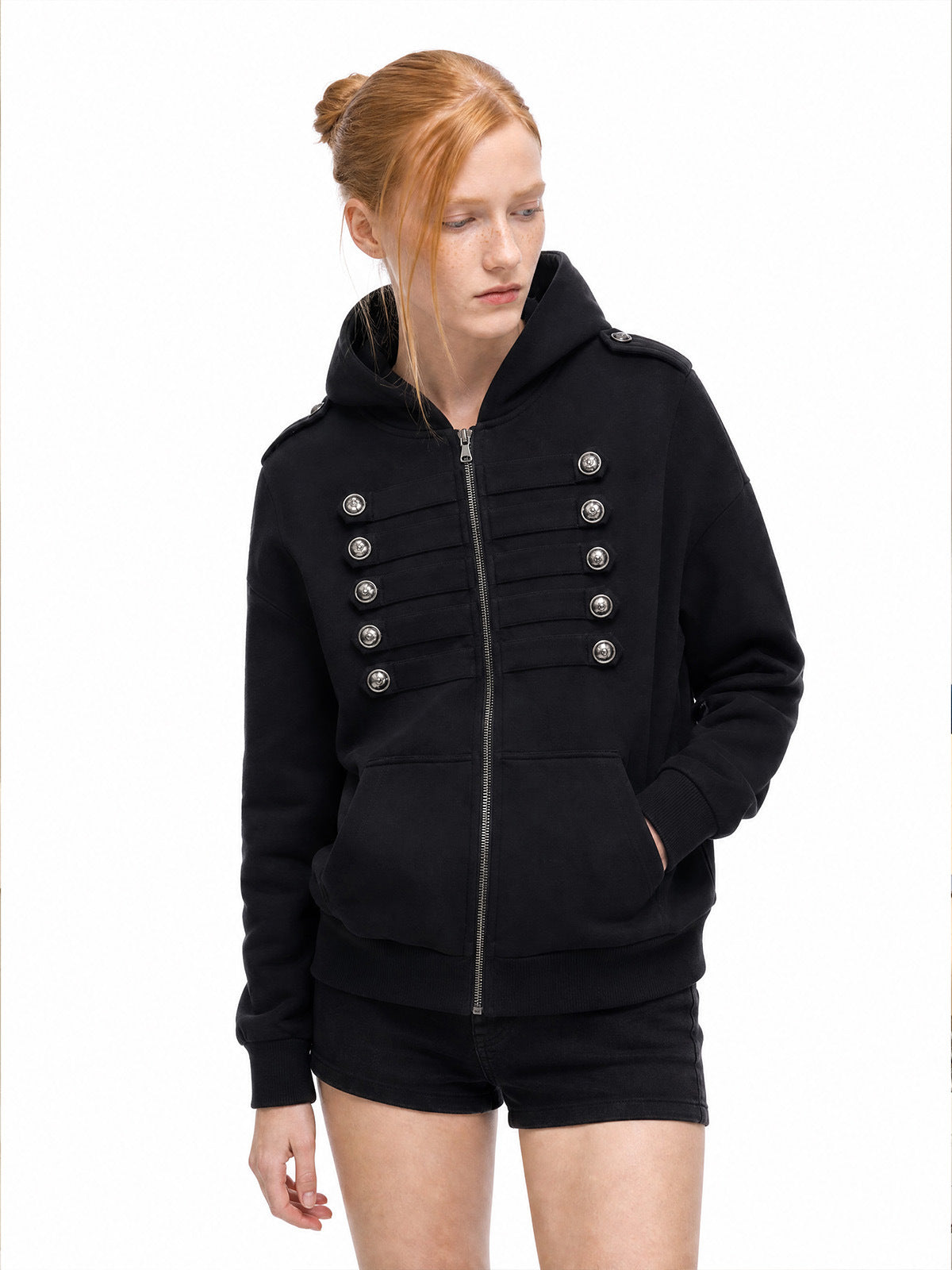 Black hooded zip cardigan jacket with metal double-breasted buttons and side pockets