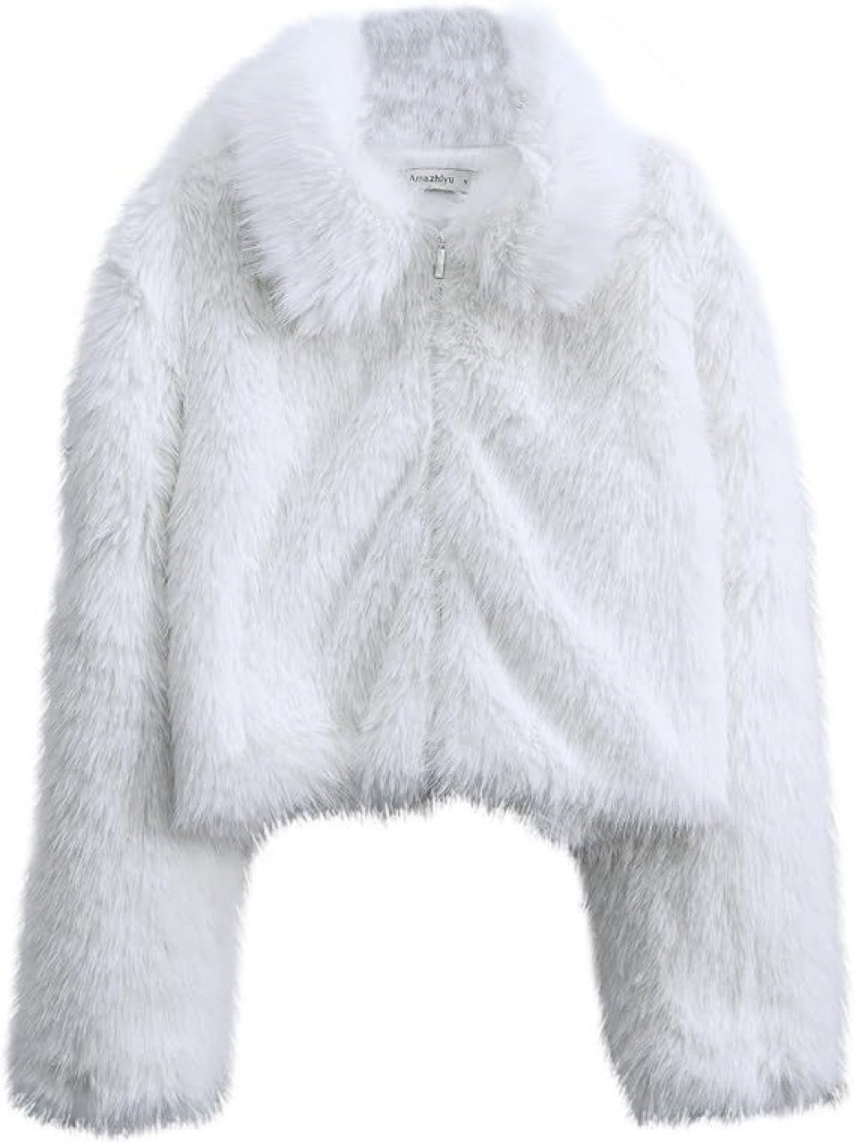 Women’s faux fur jacket, long sleeves, zip front, white shaggy, stand collar
