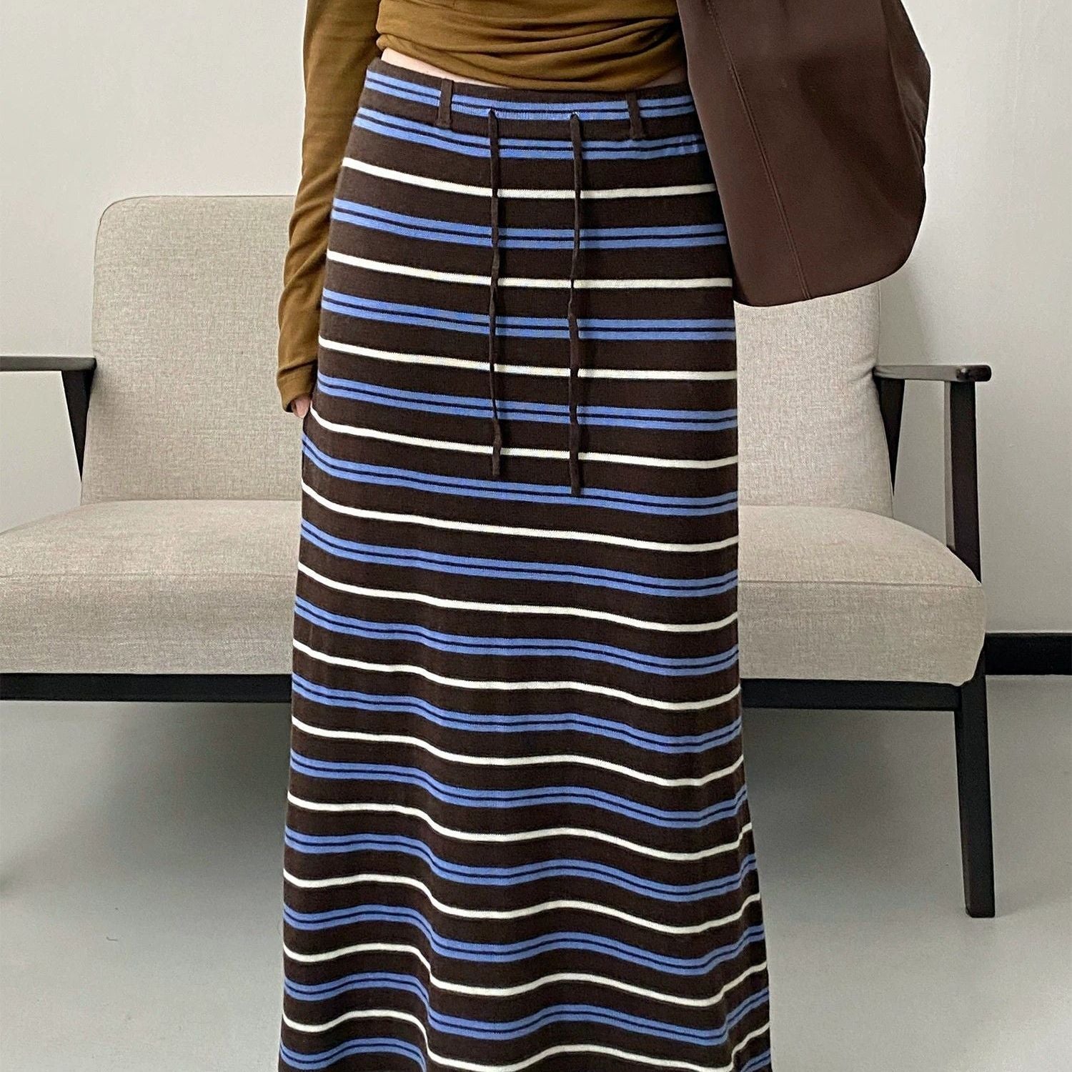 Striped Knit Maxi Skirt — A Line Silhouette with Drawstring Waist in Wool Blend