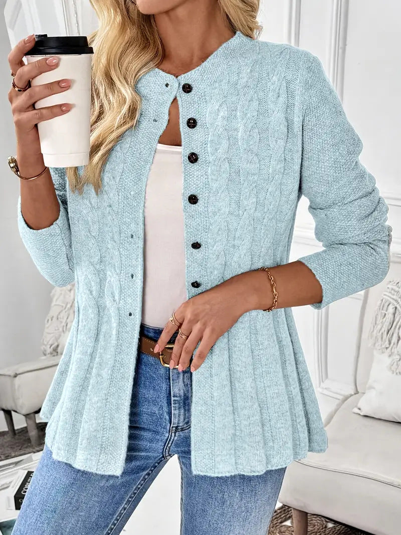 Cable Knit Cardigan for Women — Button Front with Flared Peplum Hem in Soft Wool