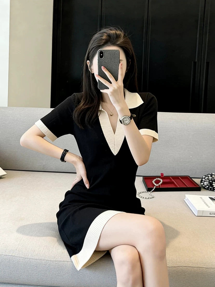 Polo Mini Dress — Contrast Collar Knit with Short Sleeves and Ribbed Hem in Viscose