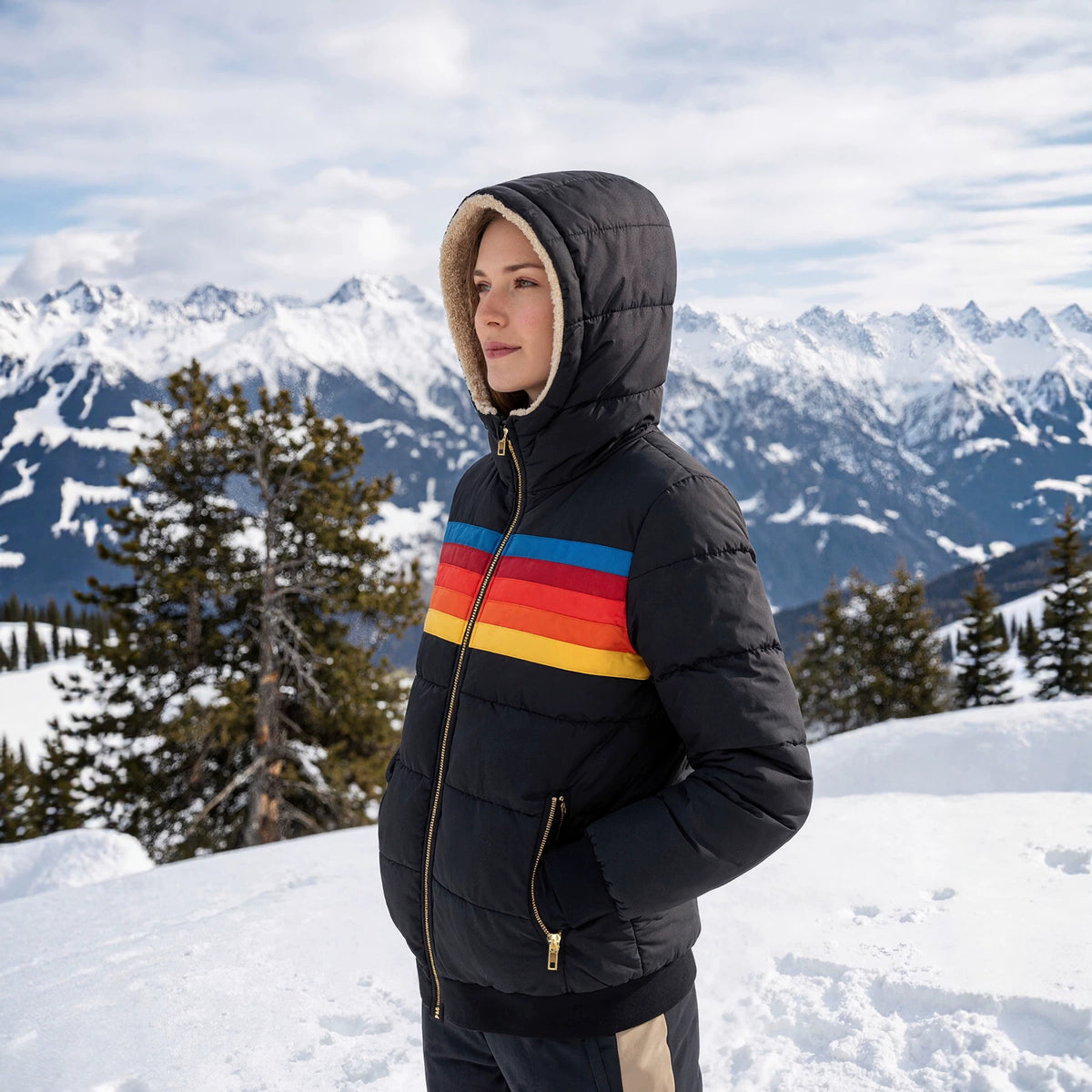 Black hooded puffer jacket with rainbow stripe across chest and front zipper