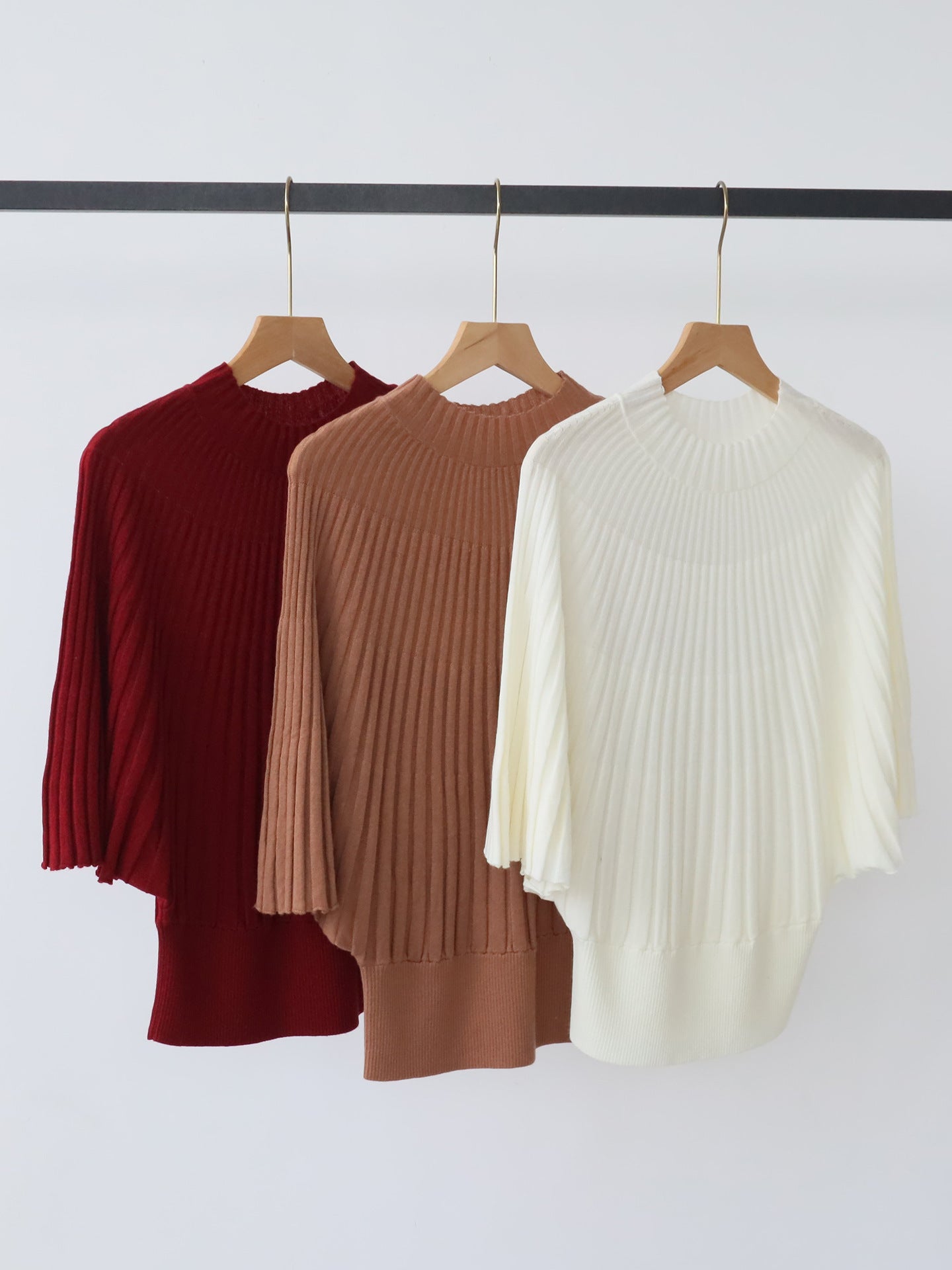 Short Sleeve Sweater for Women — Mock Neck Ribbed Knit with Batwing Sleeves in Soft Wool Blend