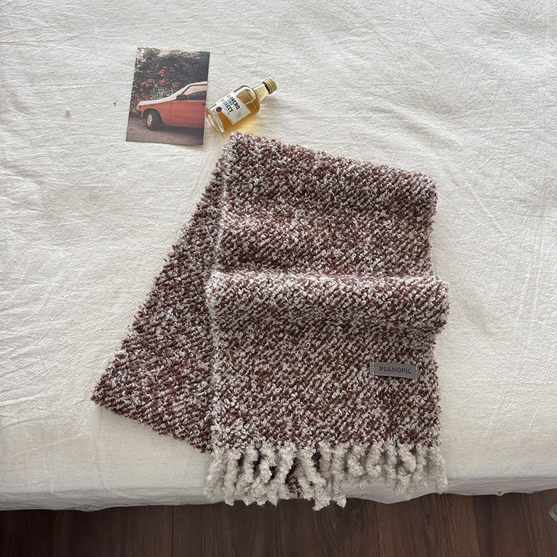 Speckled knitted wool loop scarf with fringe ends, brown and cream