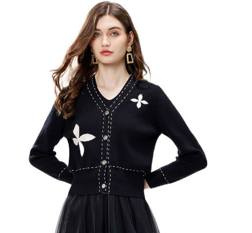 Cropped Cardigan for Women — Contrast Stitch Floral Motif Style in Ribbed Knit