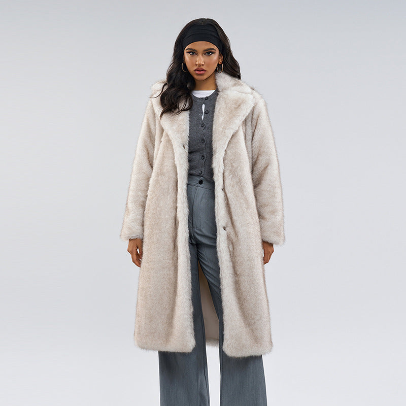 Off-white faux fur long coat with pointed collar, button placket, and wide sleeves