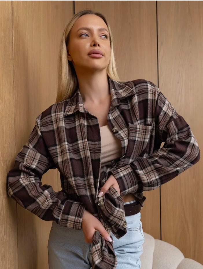 Flannel Shirt for Women — Oversized Plaid Layering Top with Curved Shirttail Hem