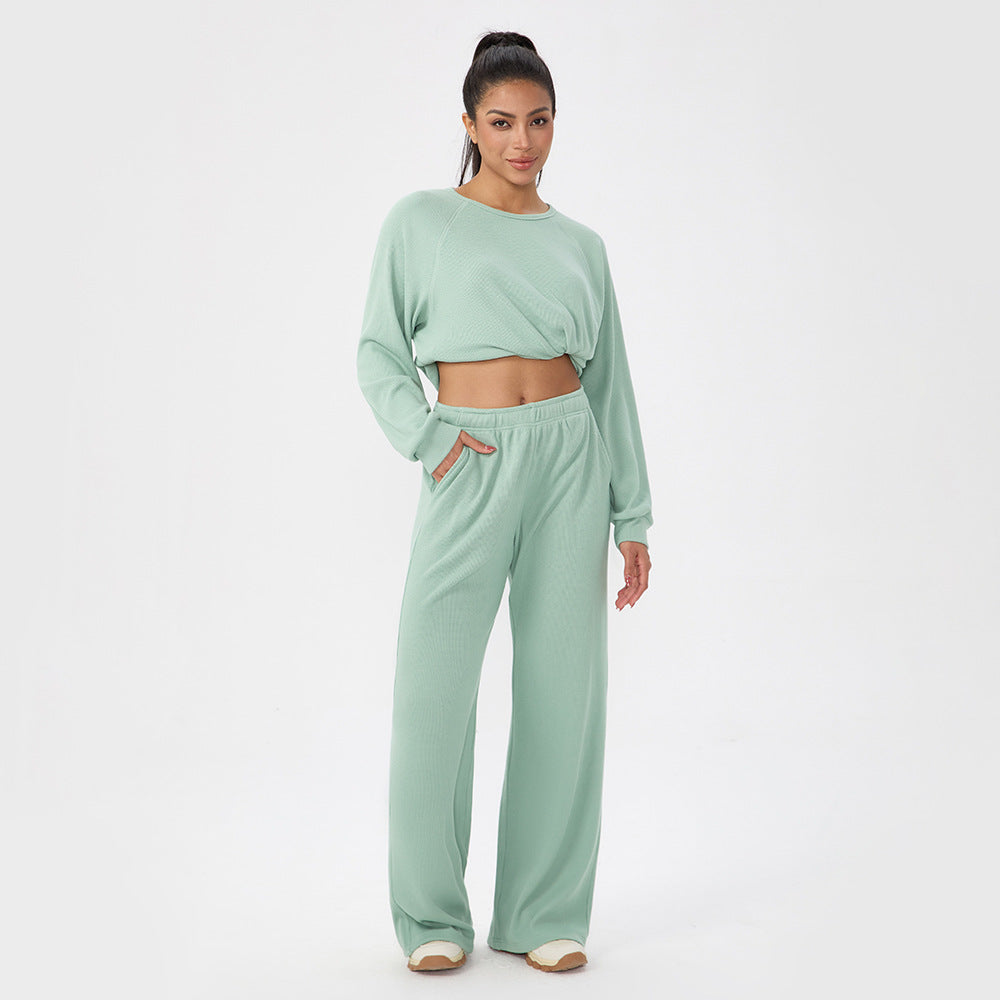 Mint green women's long-sleeve lounge set with wide-leg pants, relaxed fit