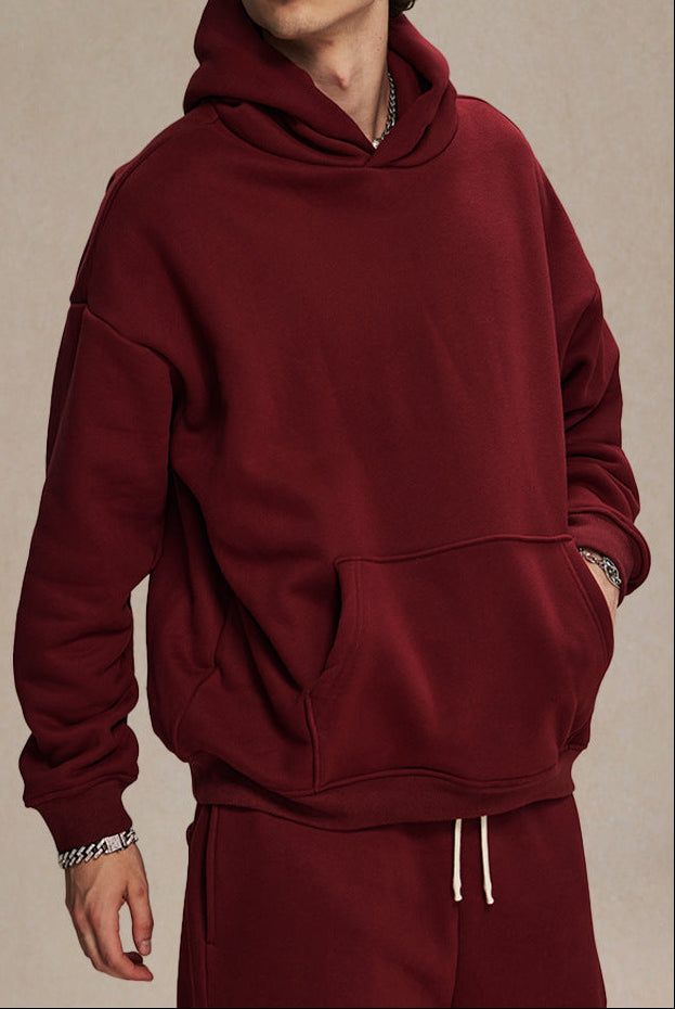 Women's burgundy hoodie and sweatpants set with pullover hood and kangaroo pocket