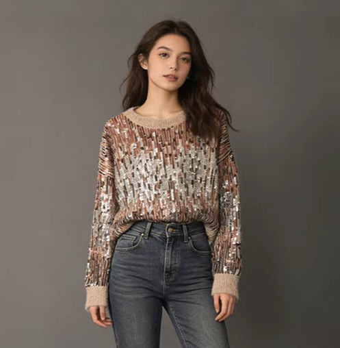 Sequin Sweater for Women — Sparkly Round Neck Knit Pullover in Soft Mohair