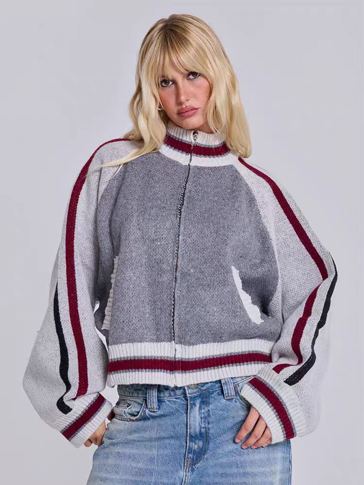 Zip Up Cardigan for Women — Cropped Varsity Sweater Jacket in Wool Blend Knit