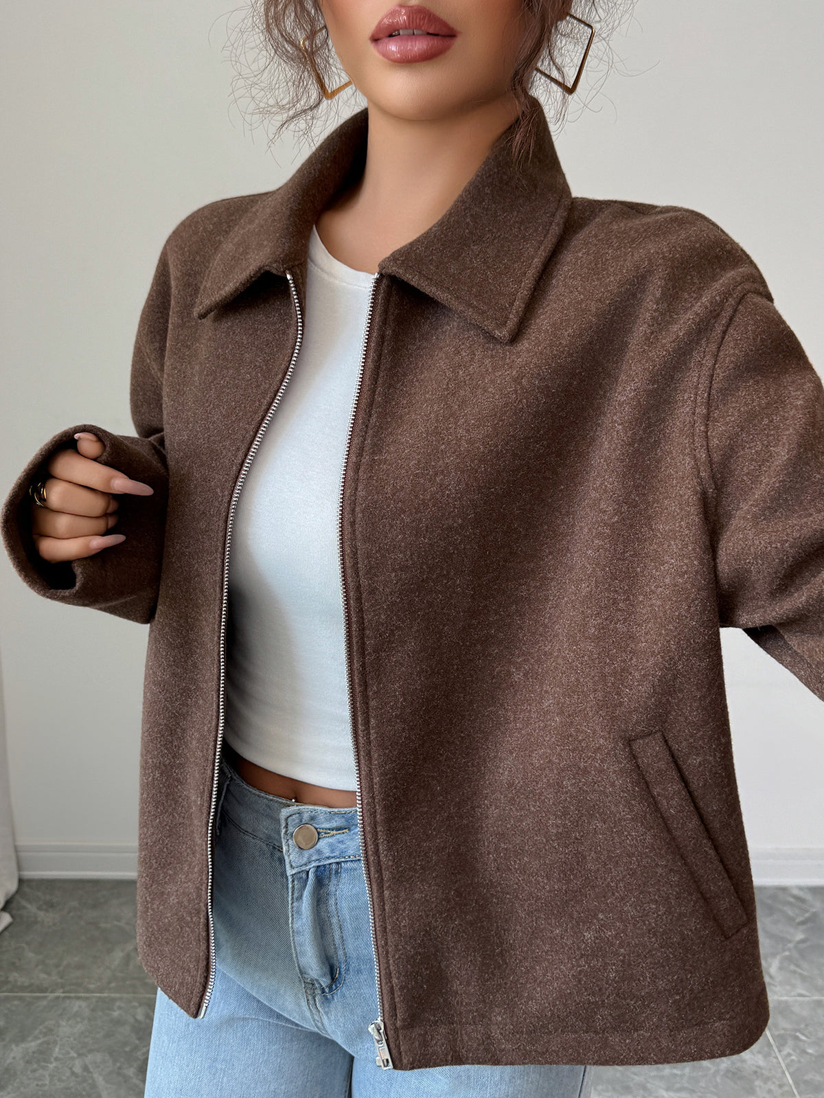 Wool Jacket for Women — Cropped Boxy Zip Front with Point Collar and Drop Shoulders