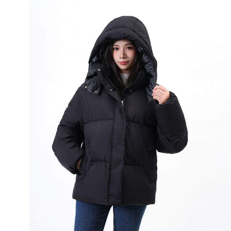Black hooded cropped puffer jacket with snap front and drawstring hem