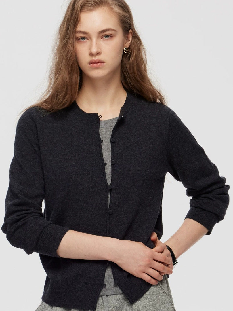 Black women's knitted cardigan with front button placket and long sleeves