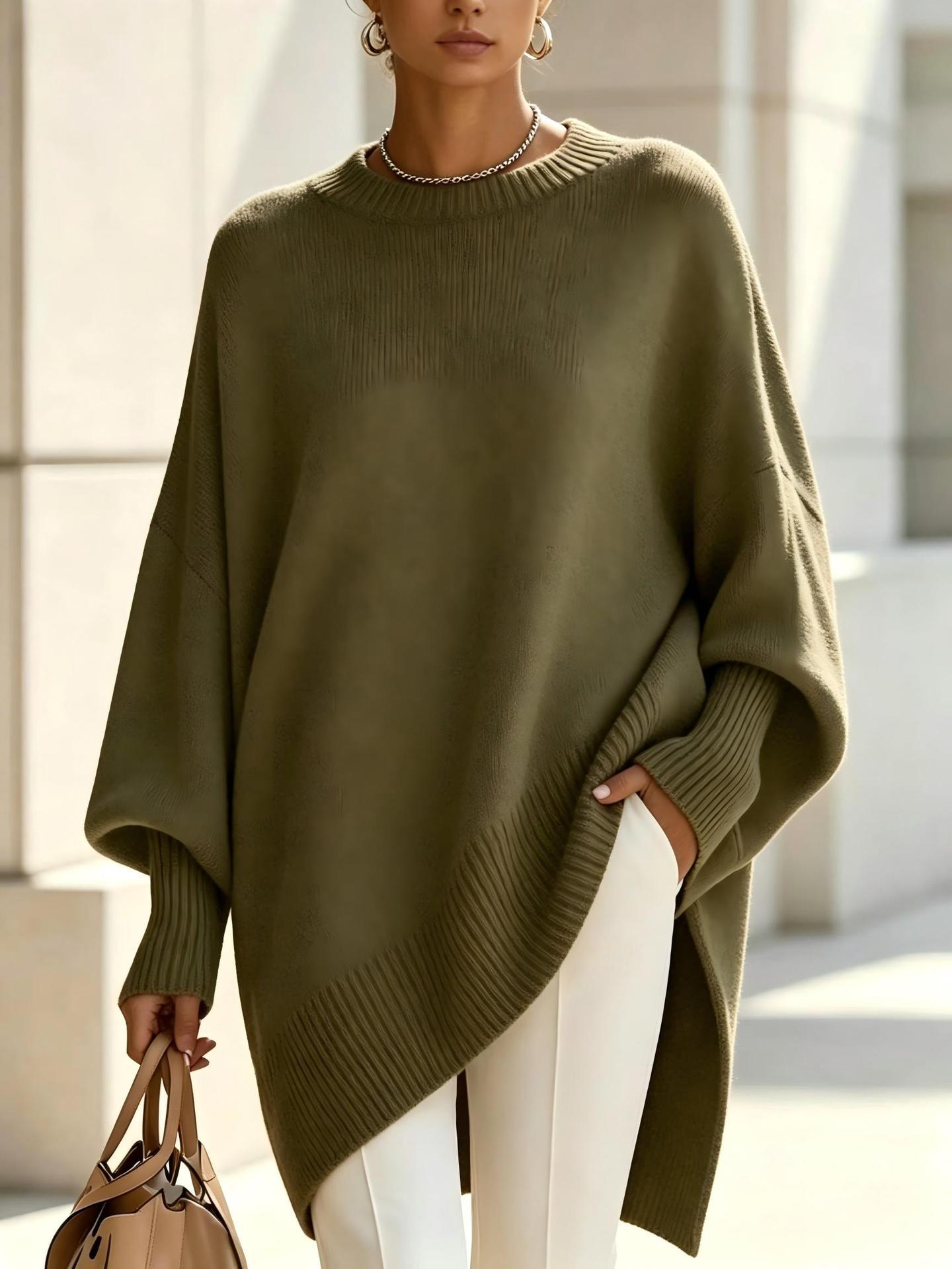 Oversized Sweater for Women — Batwing Sleeve Knit Pullover with Asymmetric Hem in Merino Wool
