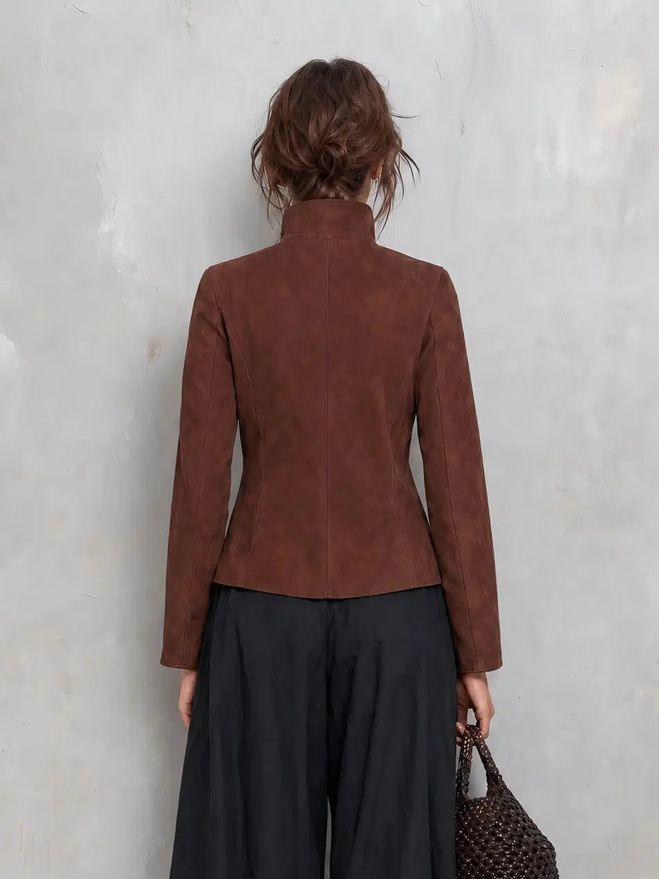 Brown jacket, rear view, with a fitted waist and stand collar