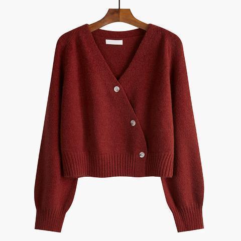 Women's knitted V-neck button cardigan, wine red, long sleeves