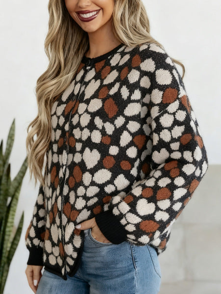 Heart Print Cardigan for Women — Button Front Knit with Balloon Sleeves in Brushed Wool