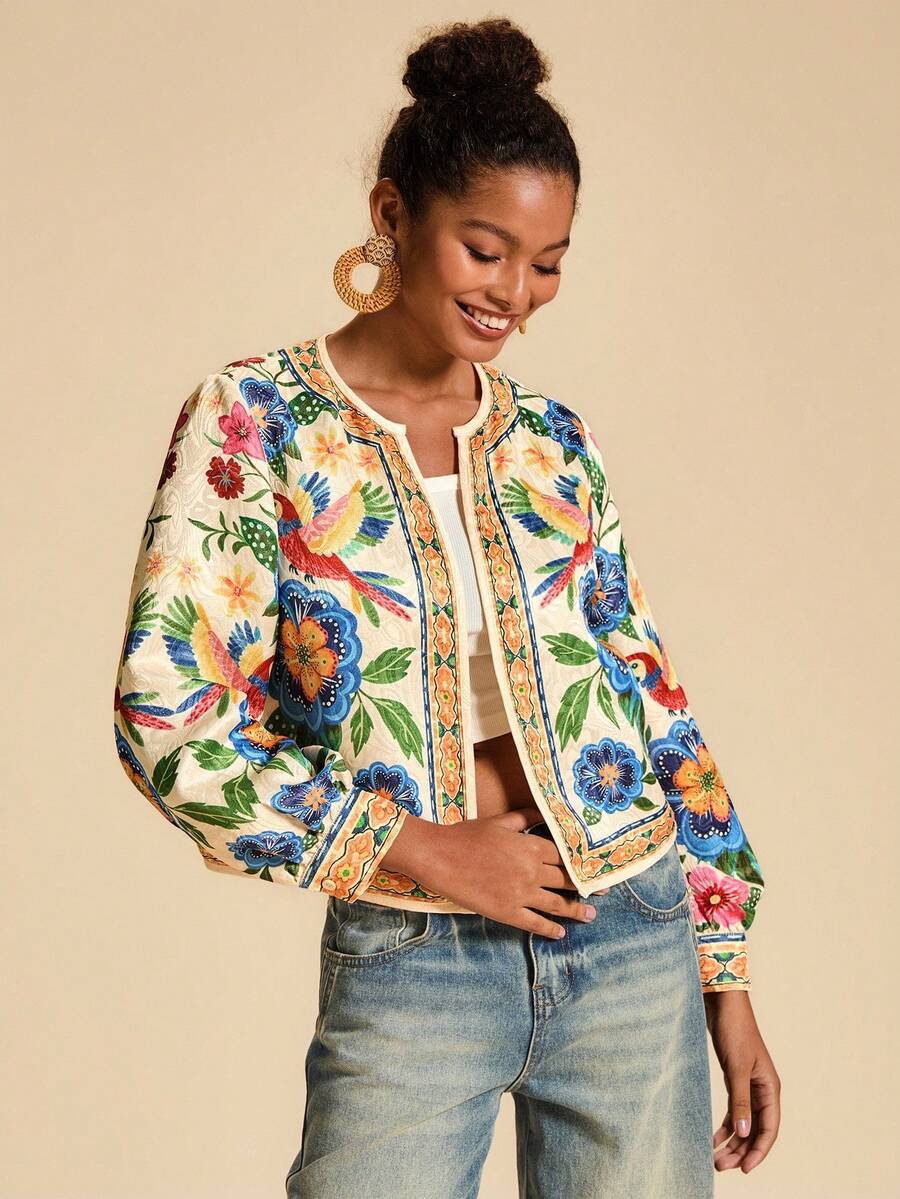 Women’s short floral jacket cardigan, multicolor bird and flower print, embroidered trim