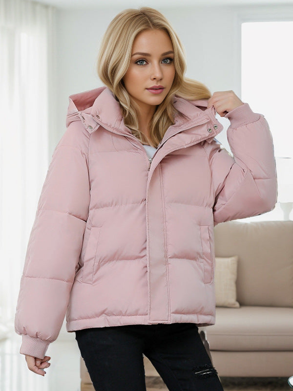 Pink cotton puffer jacket with zip-up front and stand collar