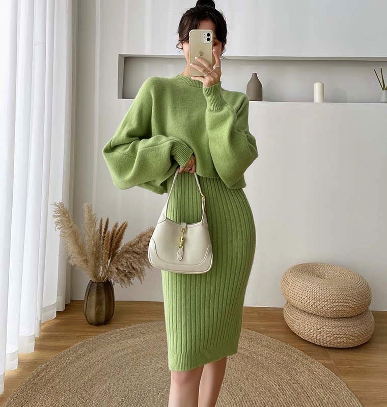 Sweater Dress Set — Cropped Crew Neck Knit Top with Ribbed Midi Cami Dress in Merino Wool