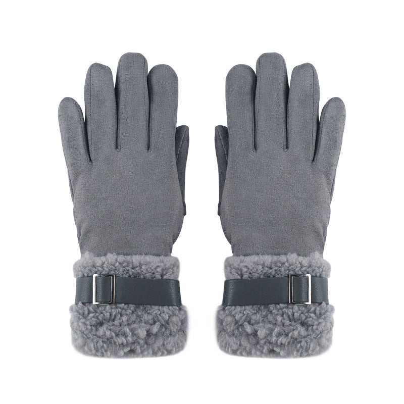 Gray suede winter gloves with fluffy fleece lining and adjustable buckle cuff