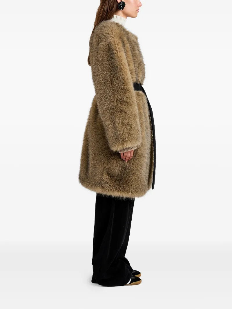 Brown faux fur long coat with round neck and black belt, hanging tie ends, side view