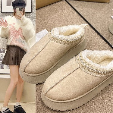 Platform Slippers for Women — Fur Lined Slip On Mules with Embroidered Trim