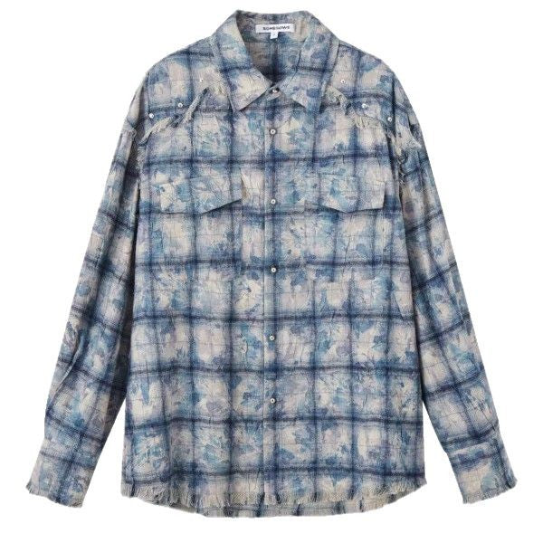 Plaid Shirt for Women — Oversized Tie Dye Wash with Frayed Trims in Lightweight Cotton