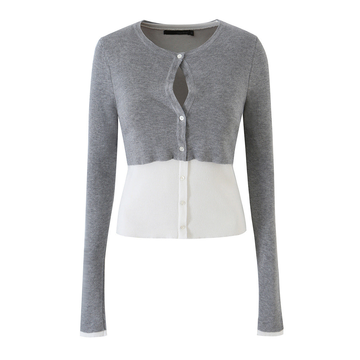 Gray and white color-block knit cardigan with button front, long sleeves
