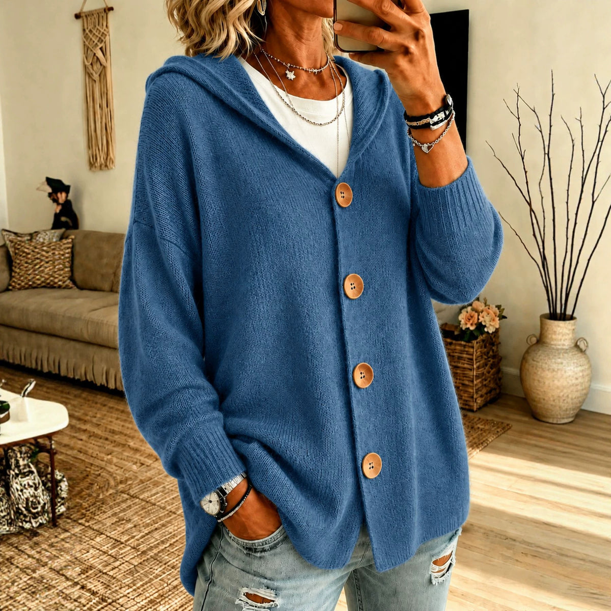 Hooded knitted button-down cardigan sweater in blue, long sleeves