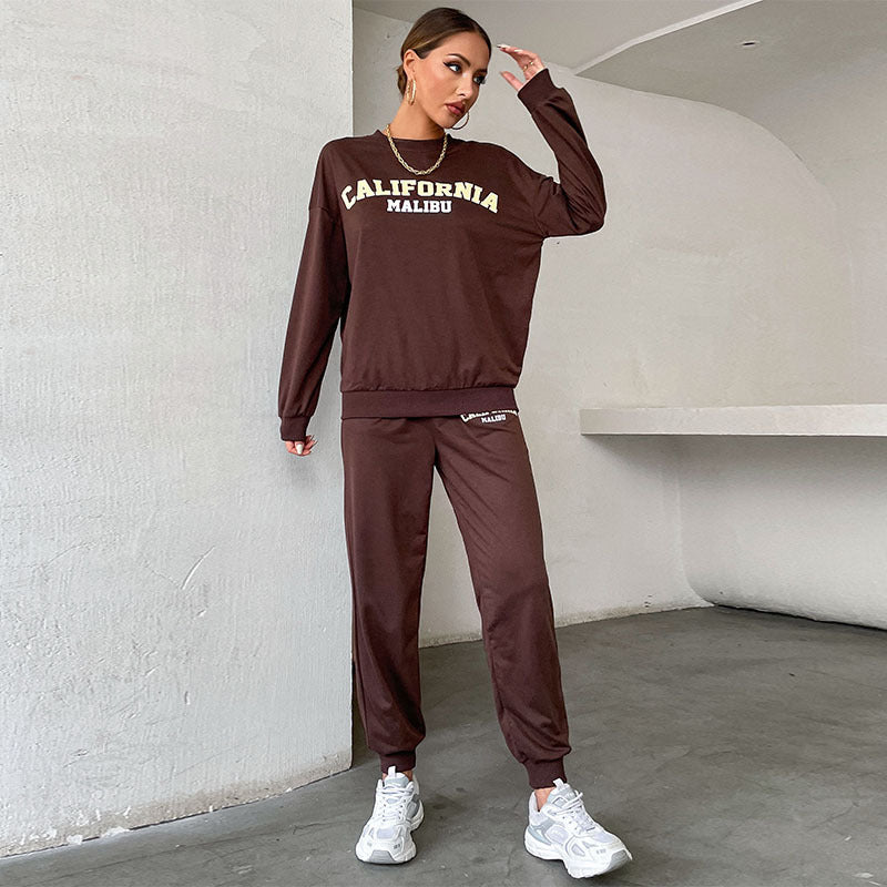 Dark brown women's sweatshirt and jogger pants set with 'California Malibu' chest graphic