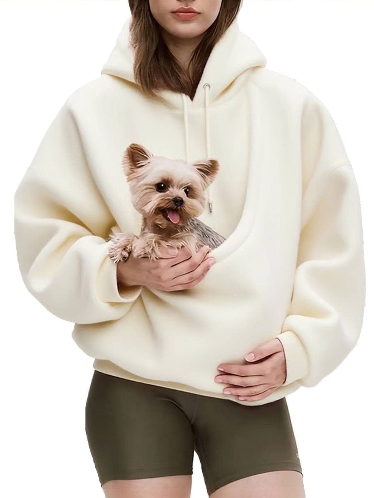 Cream hooded plush sweatshirt with front pouch pocket and dog