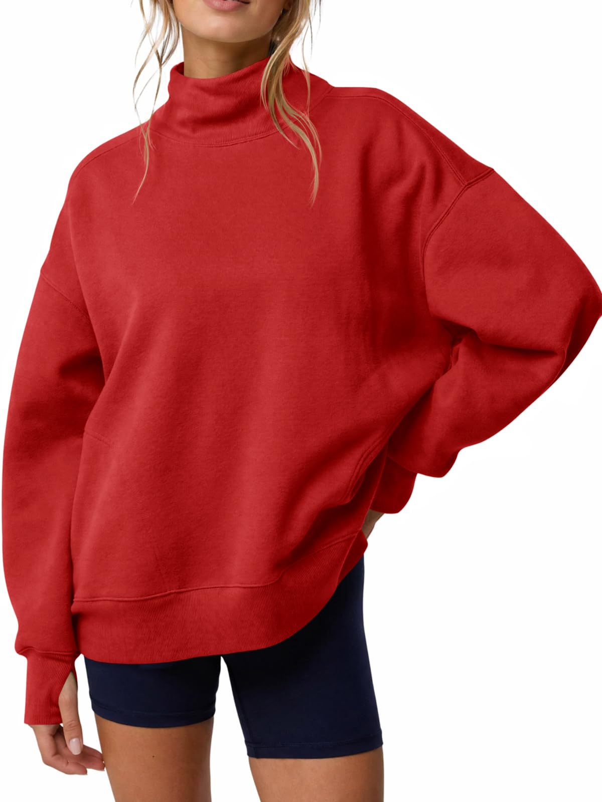 Women’s high-neck loose pullover sweatshirt, red solid color