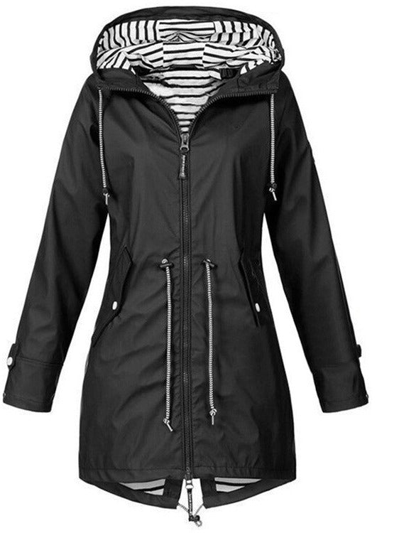 Black hooded parka jacket with striped lining, full front zipper and long sleeves.