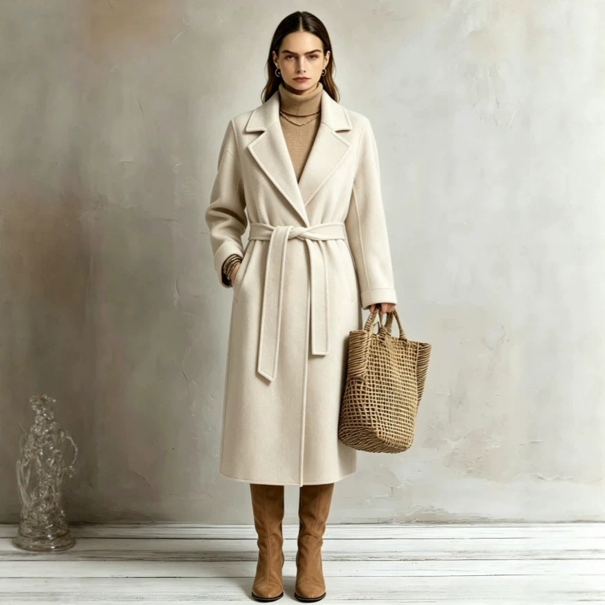 Off-white long lapel coat with tie belt, women's wool-style overcoat
