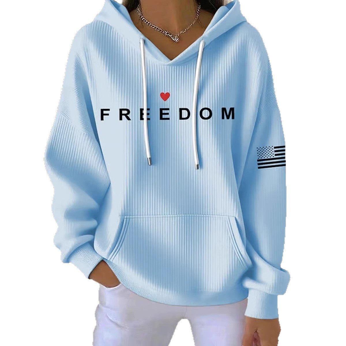 Freedom Graphic Hoodie for Women — Ribbed V Neck Pullover in Soft Cotton