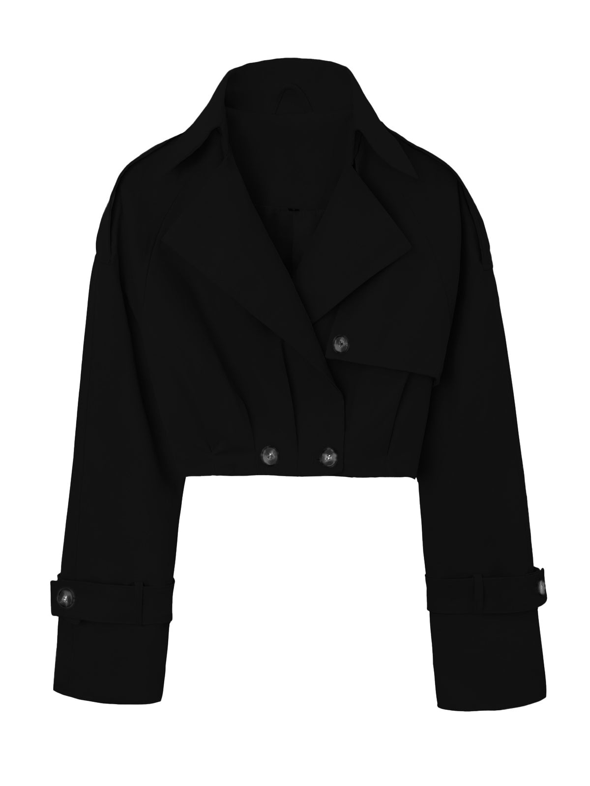 Black short double-breasted trench coat with long sleeves and lapel collar