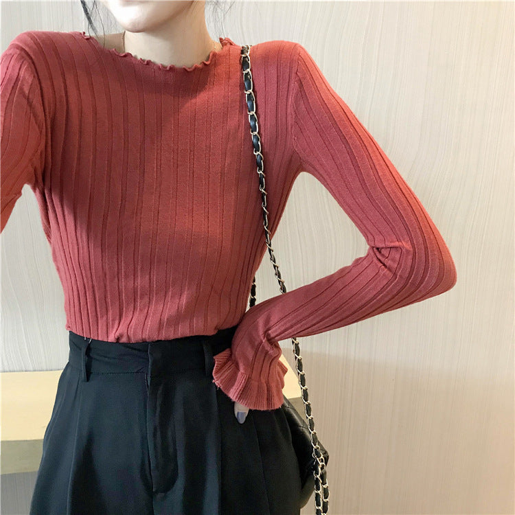 Ribbed Knit Sweater with Flare Sleeves for Women — Fitted Ruffle-Trim Style in Viscose
